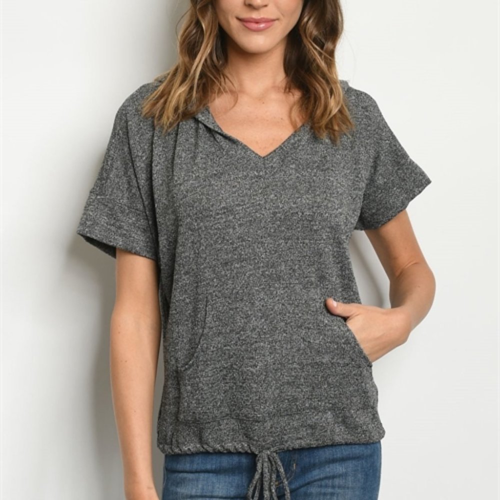 GRAY V-NECK HOODIE TOP